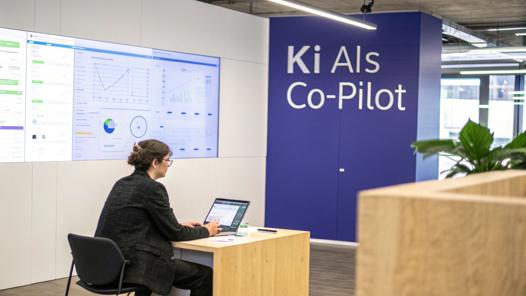 Eine Person arbeitet am Laptop vor einem großen Bildschirm mit Datenvisualisierungen in einem modernen Büro mit dem Schriftzug 'Ki Als Co-Pilot'.