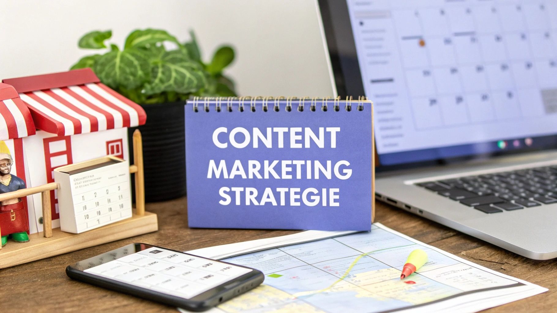 ein kleiner tischkalender mit der aufschrift „content marketing strategie“ steht auf einem holztisch; daneben ein laptop mit kalenderansicht, ein smartphone, ein stift und ein kleines modellhaus.