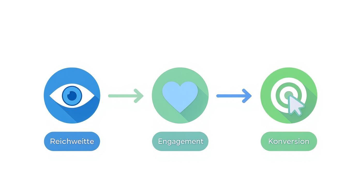 Grafik zeigt den Marketing-Trichter von Reichweite (Auge) über Engagement (Herz) bis zur Konversion (Zielscheibe mit Mauszeiger).