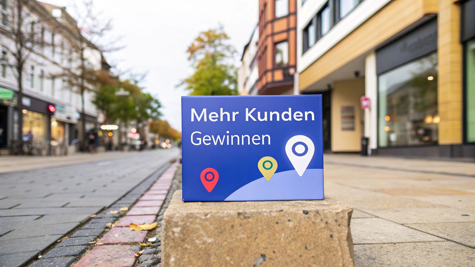 ein blaues schild mit der aufschrift „mehr kunden gewinnen“ steht auf einem betonblock an einer leeren straße; darunter sind drei bunte standort-pins.