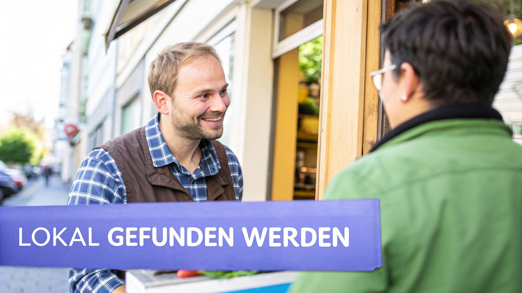 Ein lächelnder Mann liefert Waren an einem Laden, mit dem Schriftzug "LOKAL GEFUNDEN WERDEN".