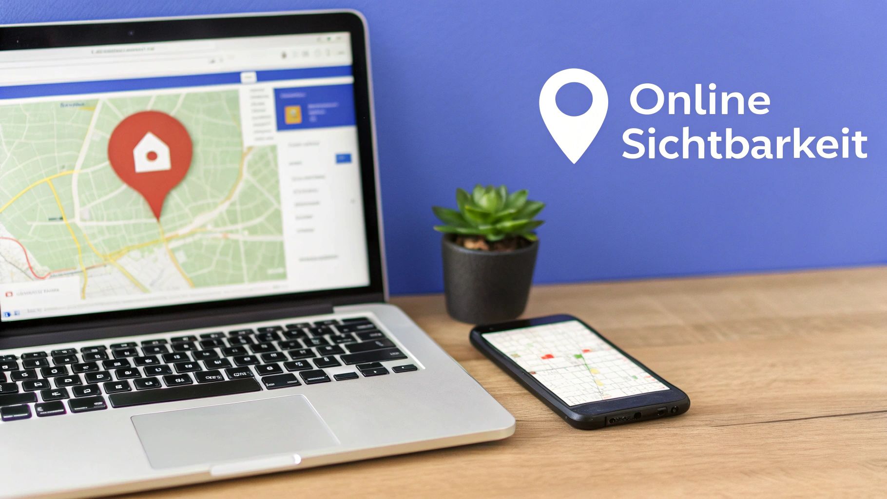 Laptop und Smartphone zeigen Karten mit einem Standort-Pin. Der Text 'Online Sichtbarkeit' ist auf blauem Hintergrund zu sehen.