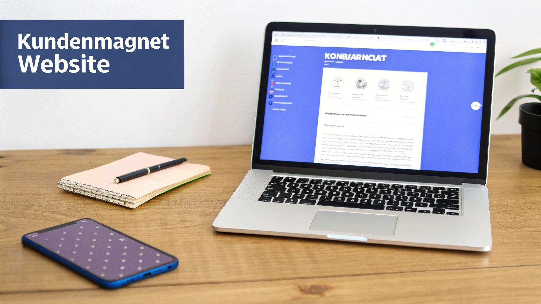 Ein Schreibtisch mit Laptop, Smartphone, Notizbuch und Stift. Ein Banner mit 'Kundenmagnet Website' ist sichtbar.