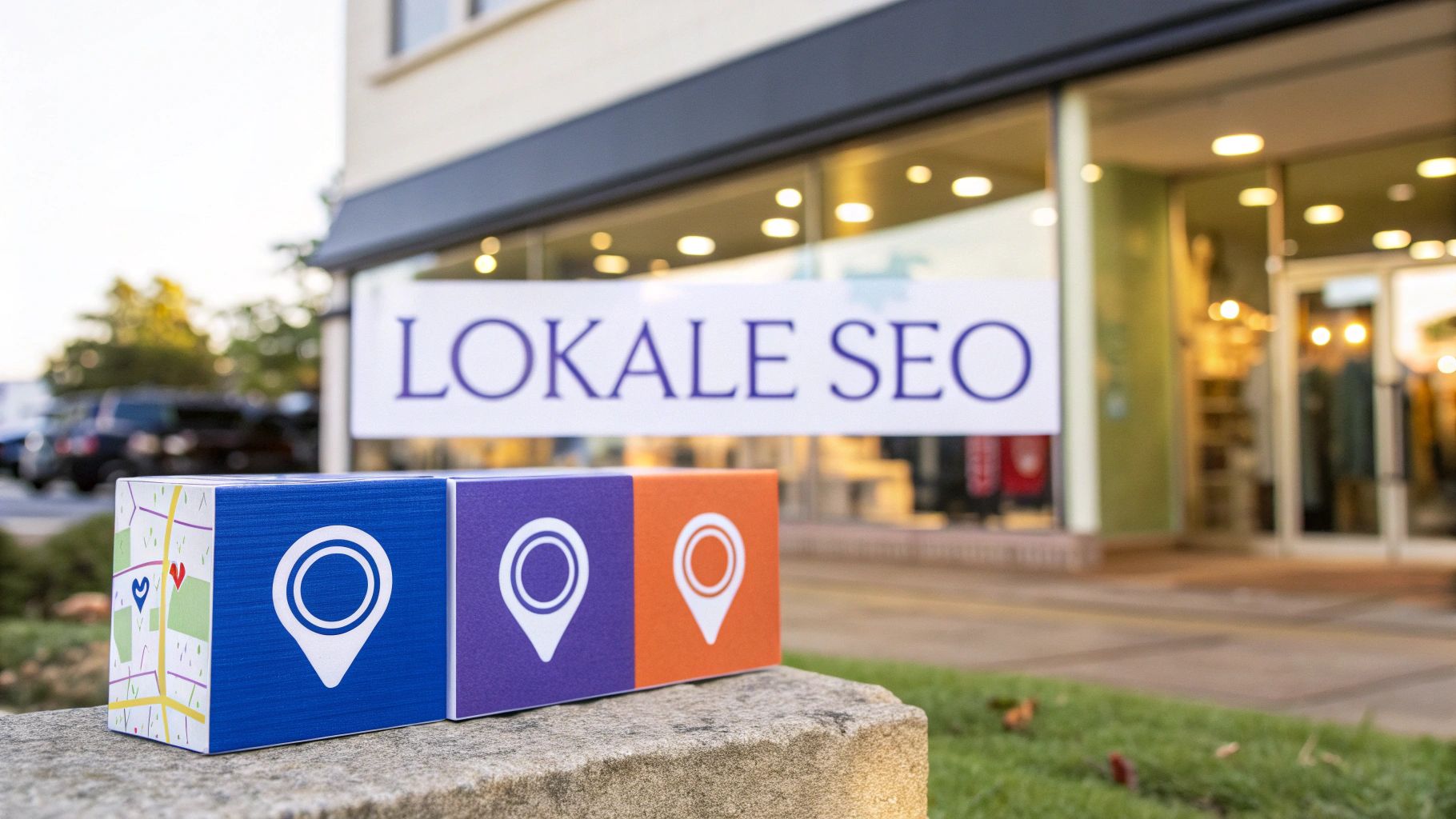 Drei bunte Würfel mit Standort-Symbolen stehen auf einem Stein; im Hintergrund hängt ein großes Schild mit der Aufschrift „Lokale SEO“ vor einem Geschäft.