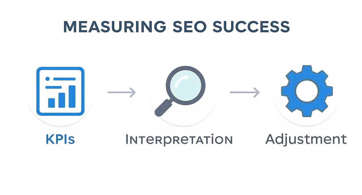 Infografik zeigt den Prozess zur Messung des SEO-Erfolgs: KPIs, Interpretation und Anpassung.