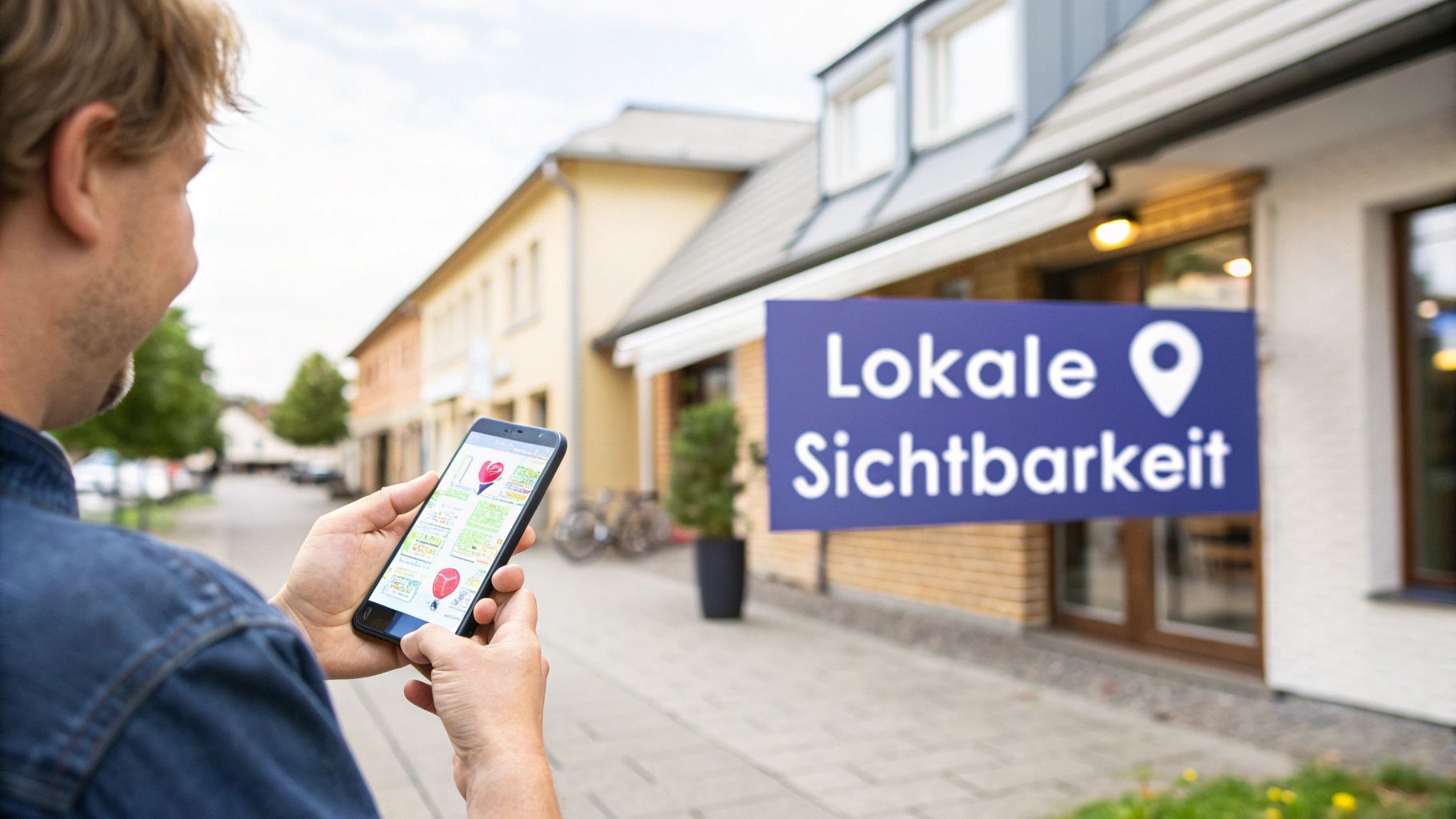Ein Mann nutzt sein Smartphone, um lokale Sichtbarkeit und Geschäftsinformationen zu prüfen, mit passendem Schild im Hintergrund.