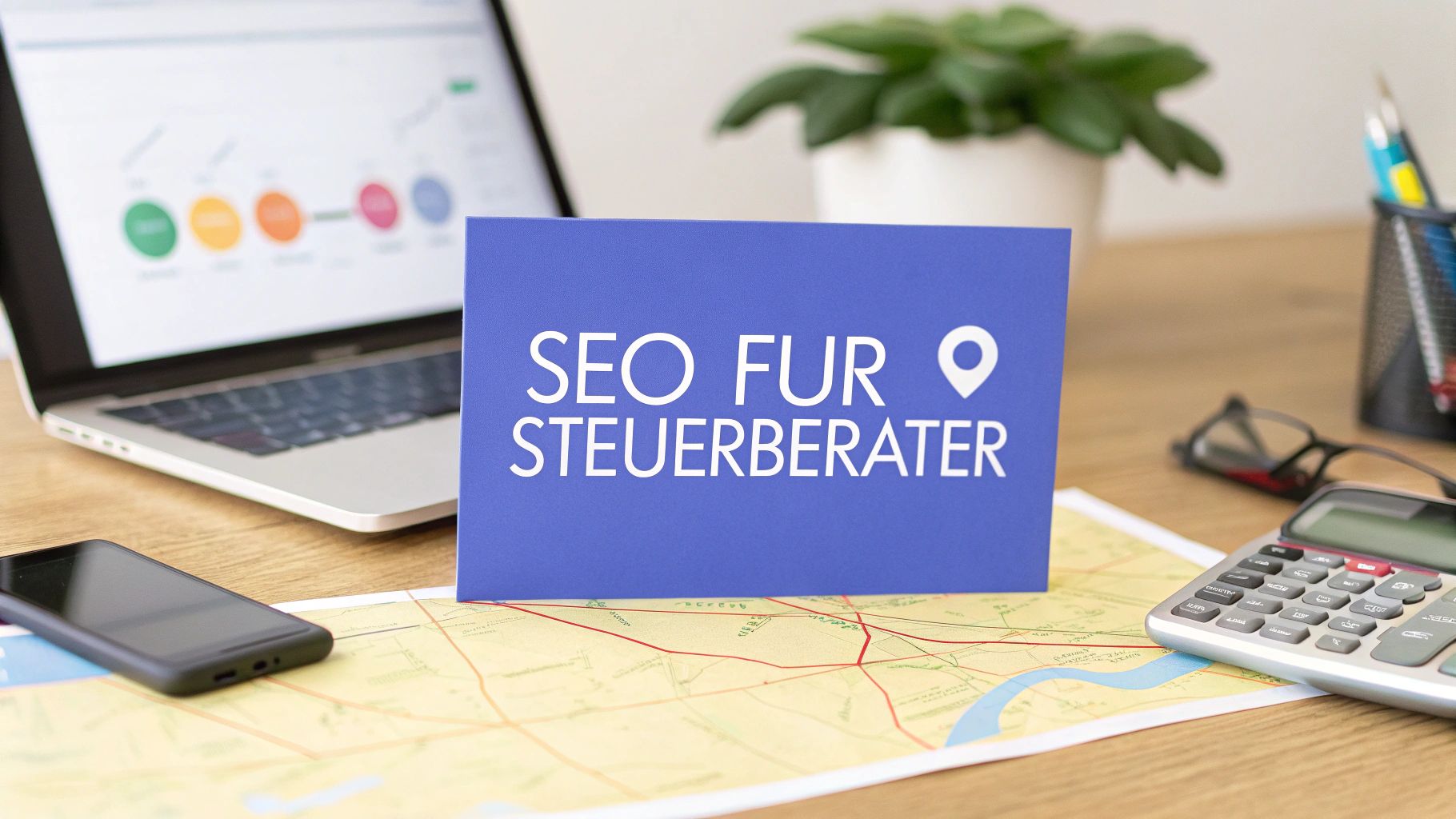 Ein blaues Schild mit der Aufschrift „SEO für Steuerberater“ steht auf einer ausgebreiteten Landkarte. Dahinter liegen ein Laptop, ein Smartphone, eine Brille und ein Taschenrechner auf dem Tisch.