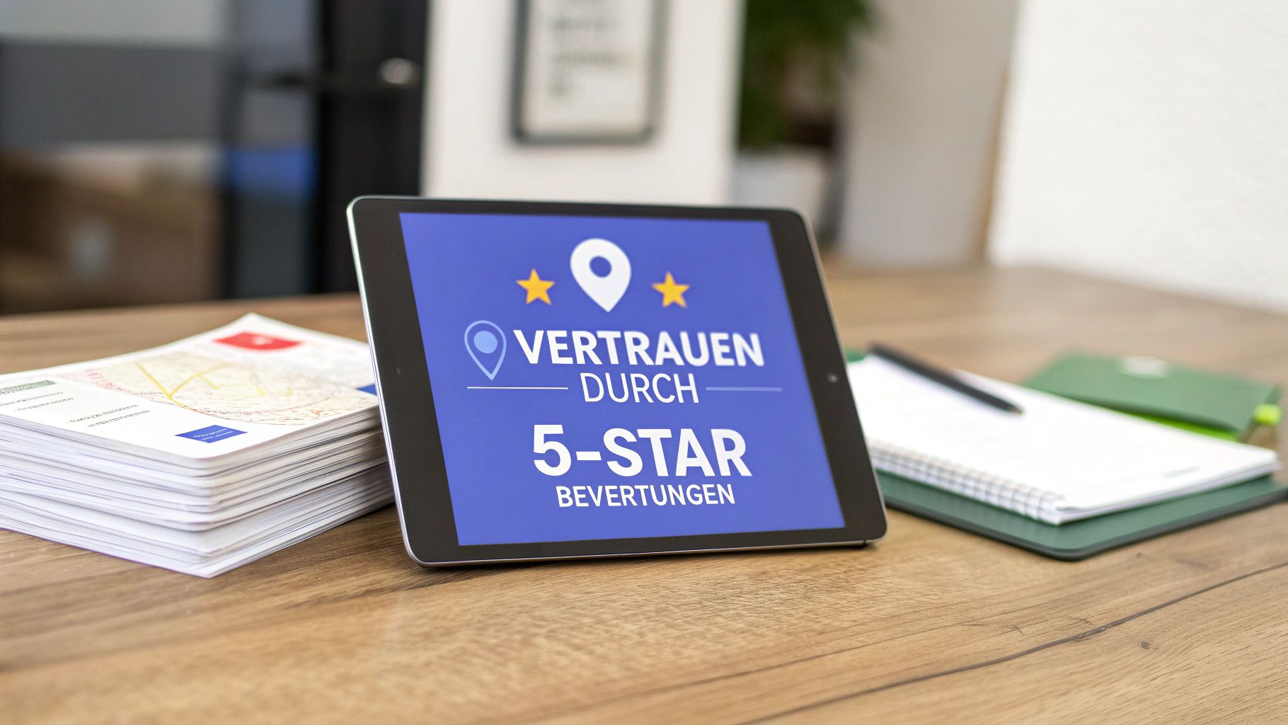 Ein Tablet auf einem Schreibtisch zeigt „VERTUEN DURCH 5-STAR BEWERTUNGEN“, umgeben von Dokumenten und einem Notizbuch.