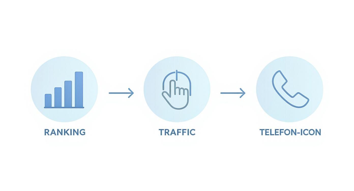 Infografik: Der Prozess von Ranking zu Website-Traffic und schließlich zu Telefonanrufen. Eine klare SEO-Strategie.