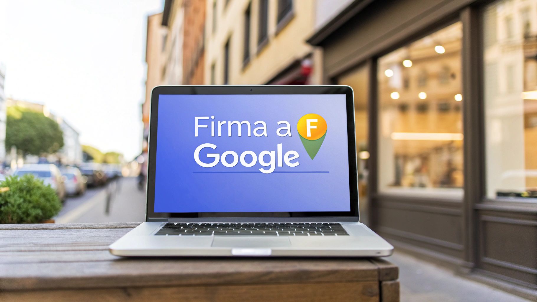 Ein Laptop steht auf einem Holztisch in einer Einkaufsstraße. Auf dem Bildschirm steht „Firma auf Google“ mit einem gelben Standort-Symbol.