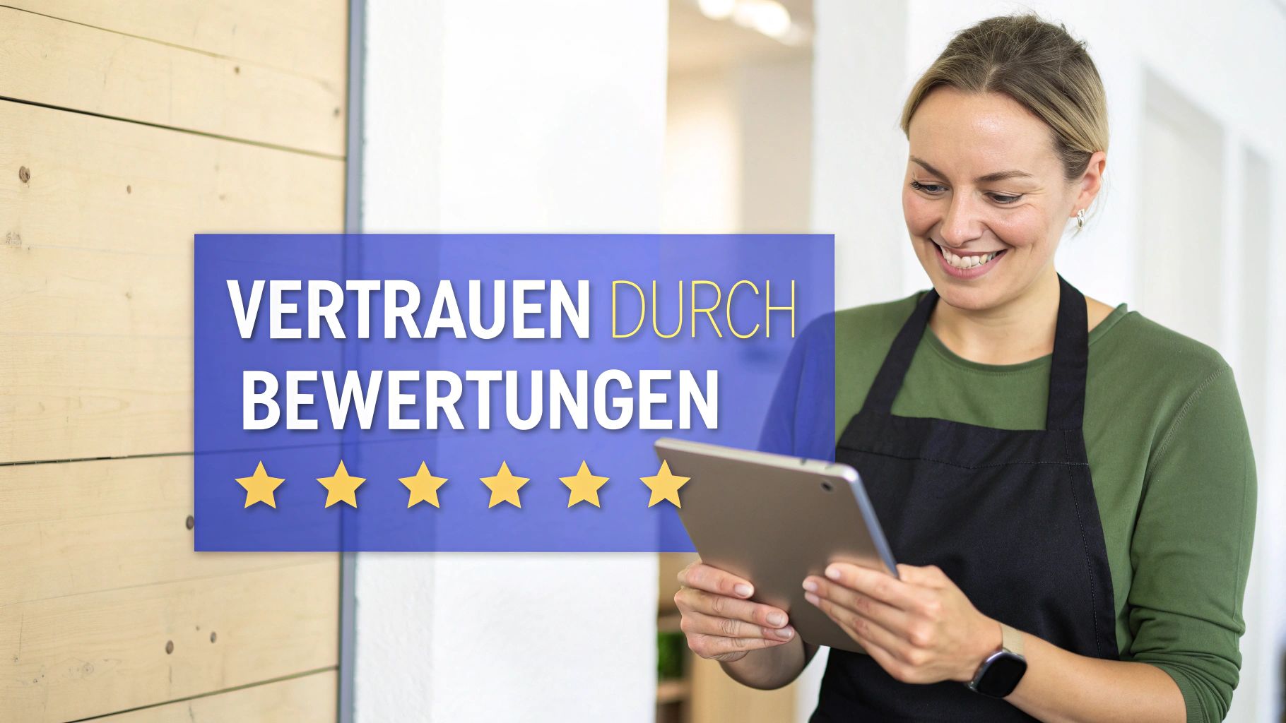 Lachende Frau mit Tablet vor blauem Overlay mit der Aufschrift 'VERTRAUEN DURCH BEWERTUNGEN' und fünf Sternen.