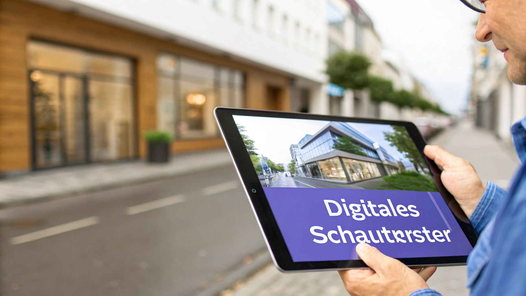 Mann hält Tablet, das eine moderne Gebäudeansicht und 'Digitales Schaufenster' per Augmented Reality zeigt.