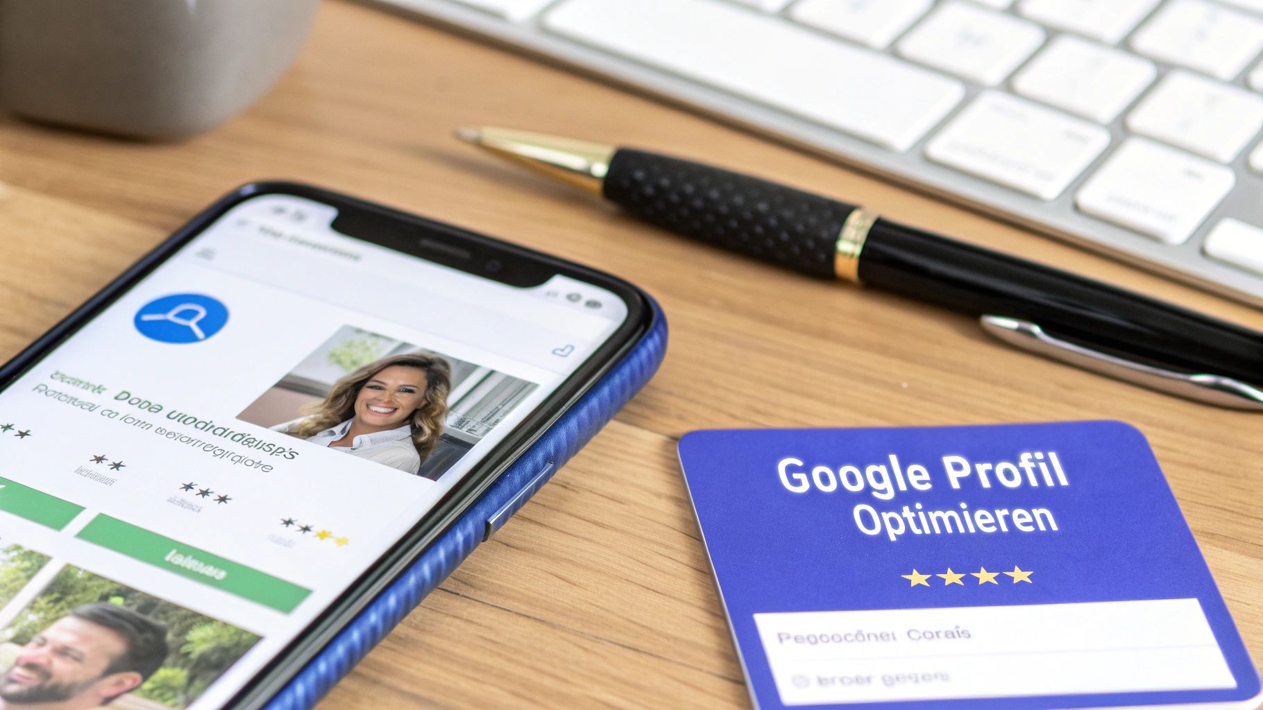 Ein Smartphone zeigt ein Google-Profil mit einem Foto einer lächelnden Frau und Bewertungen. Daneben liegt eine Karte 'Google Profil Optimieren' auf einem Holztisch.