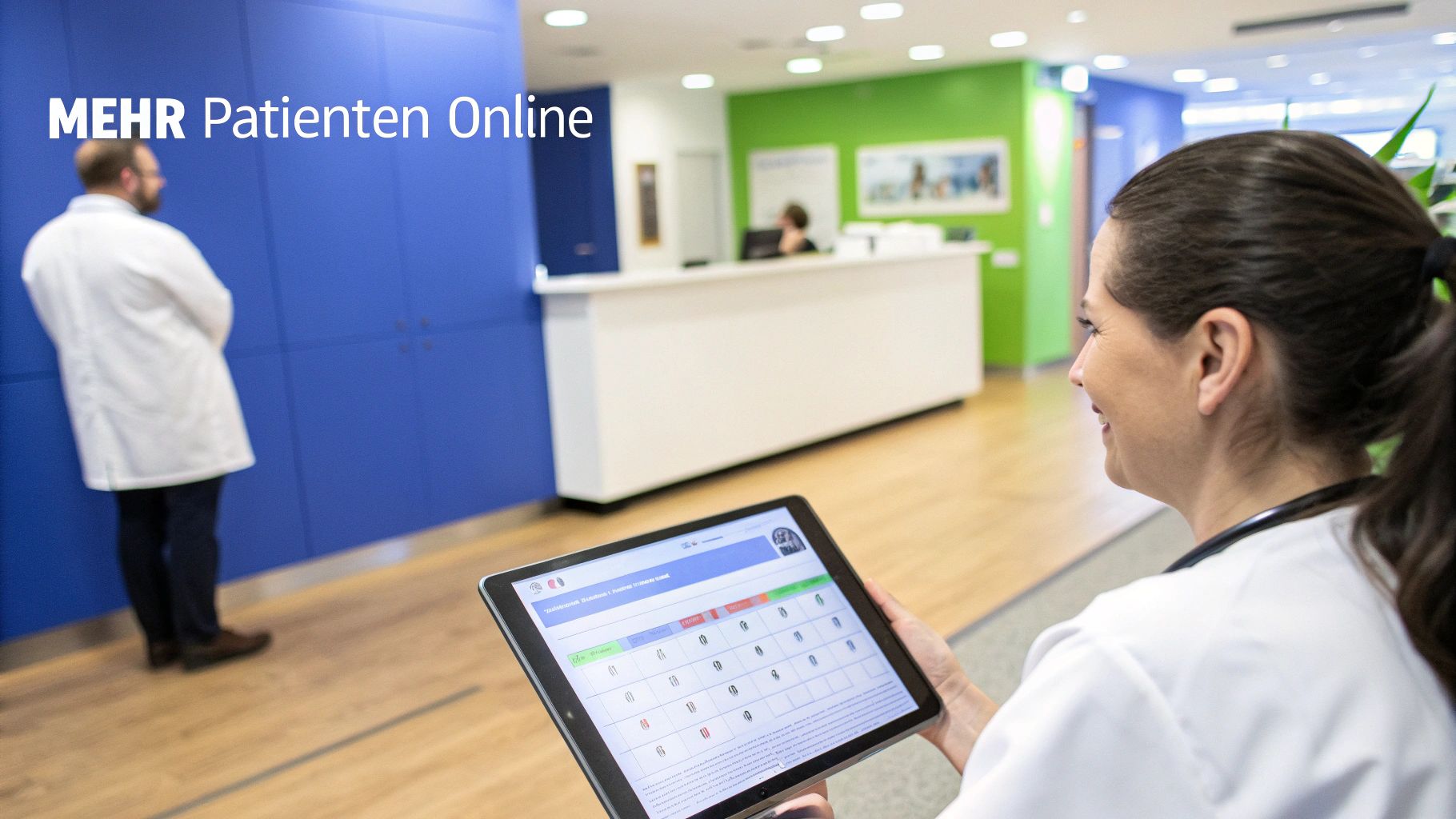 Eine Arzthelferin in einer modernen Praxis betrachtet lächelnd ein Tablet mit einer Patientenübersicht und Online-Terminen.