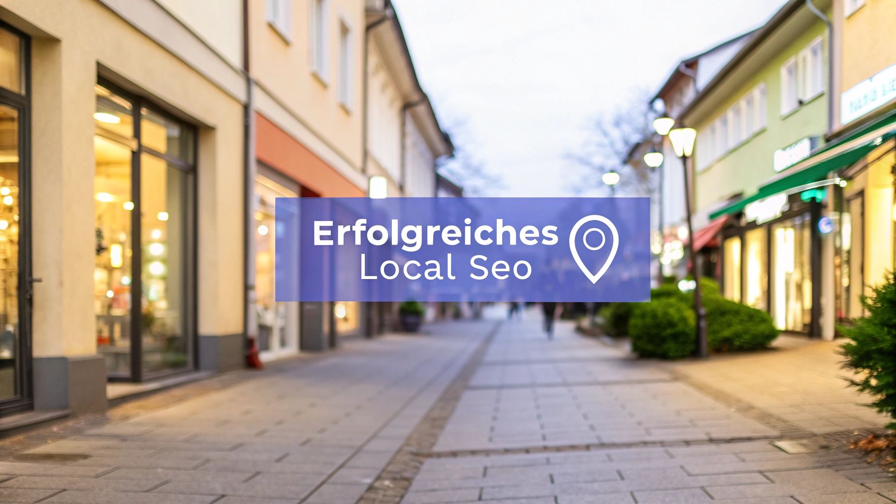 Eine leere Einkaufsstraße am frühen Abend. In der Mitte liegt ein halbtransparentes blaues Feld mit der Aufschrift „Erfolgreiches Local SEO“ und einem weißen Standort-Symbol.
