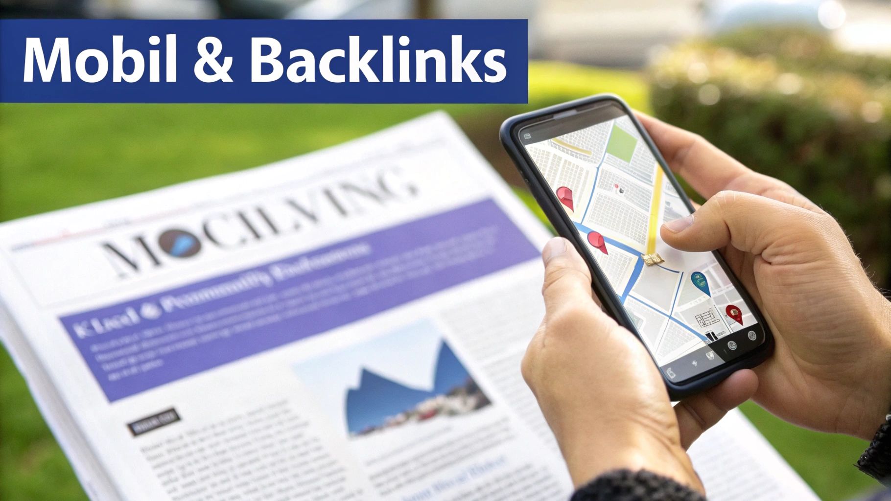 Hände halten ein Smartphone mit Navigations-App und Standortnadeln vor einer unscharfen Zeitung, Banner "Mobil & Backlinks".