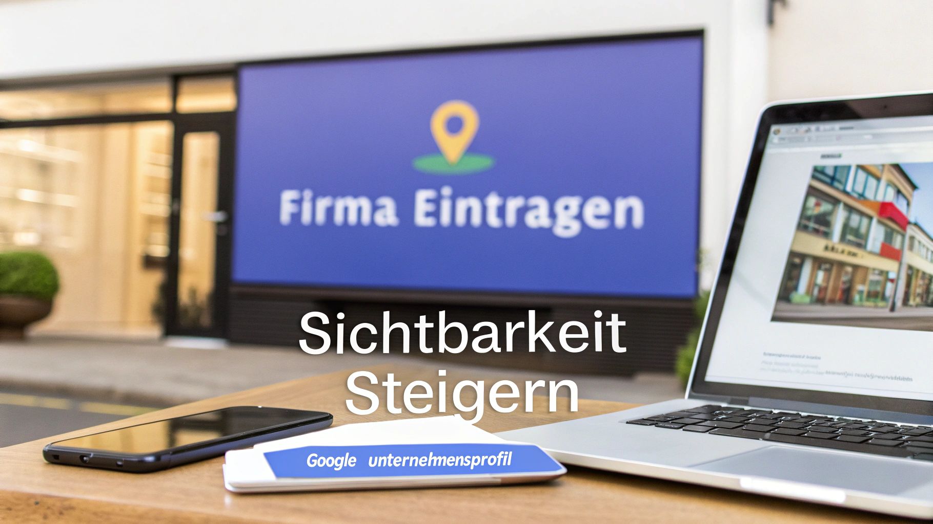 Ein Laptop und ein Smartphone liegen auf einem Holztisch vor einem Geschäft. Auf einem blauen Schild im Hintergrund steht „Firma eintragen“. Im Vordergrund steht der Text „Sichtbarkeit steigern“ sowie ein kleines Schild mit „Google Unternehmensprofil“