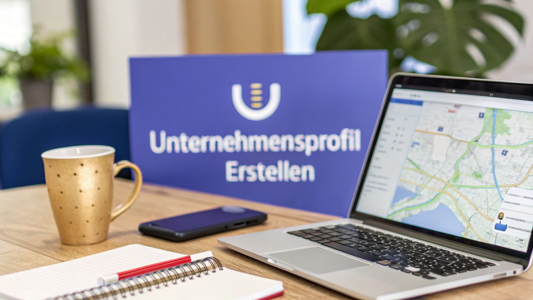 Ein Laptop zeigt eine Kartenansicht auf einem Holztisch. Daneben liegen ein Smartphone, ein Notizbuch und eine Kaffeetasse. Im Hintergrund steht ein blaues Schild mit der Aufschrift „Unternehmensprofil erstellen“.