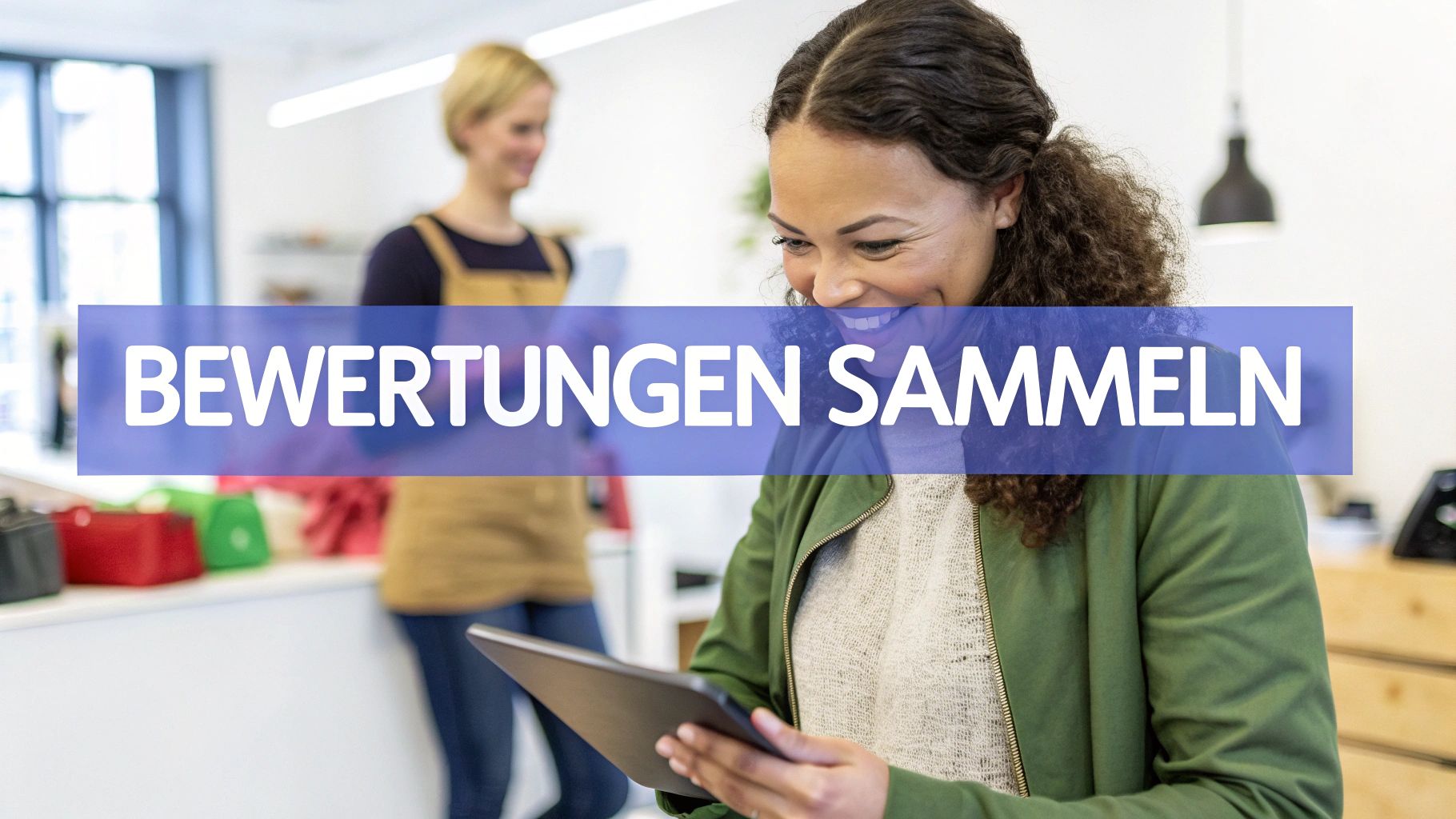 Eine lächelnde Frau sammelt Bewertungen auf einem Tablet in einem Geschäft, während eine Kollegin im Hintergrund lächelt.