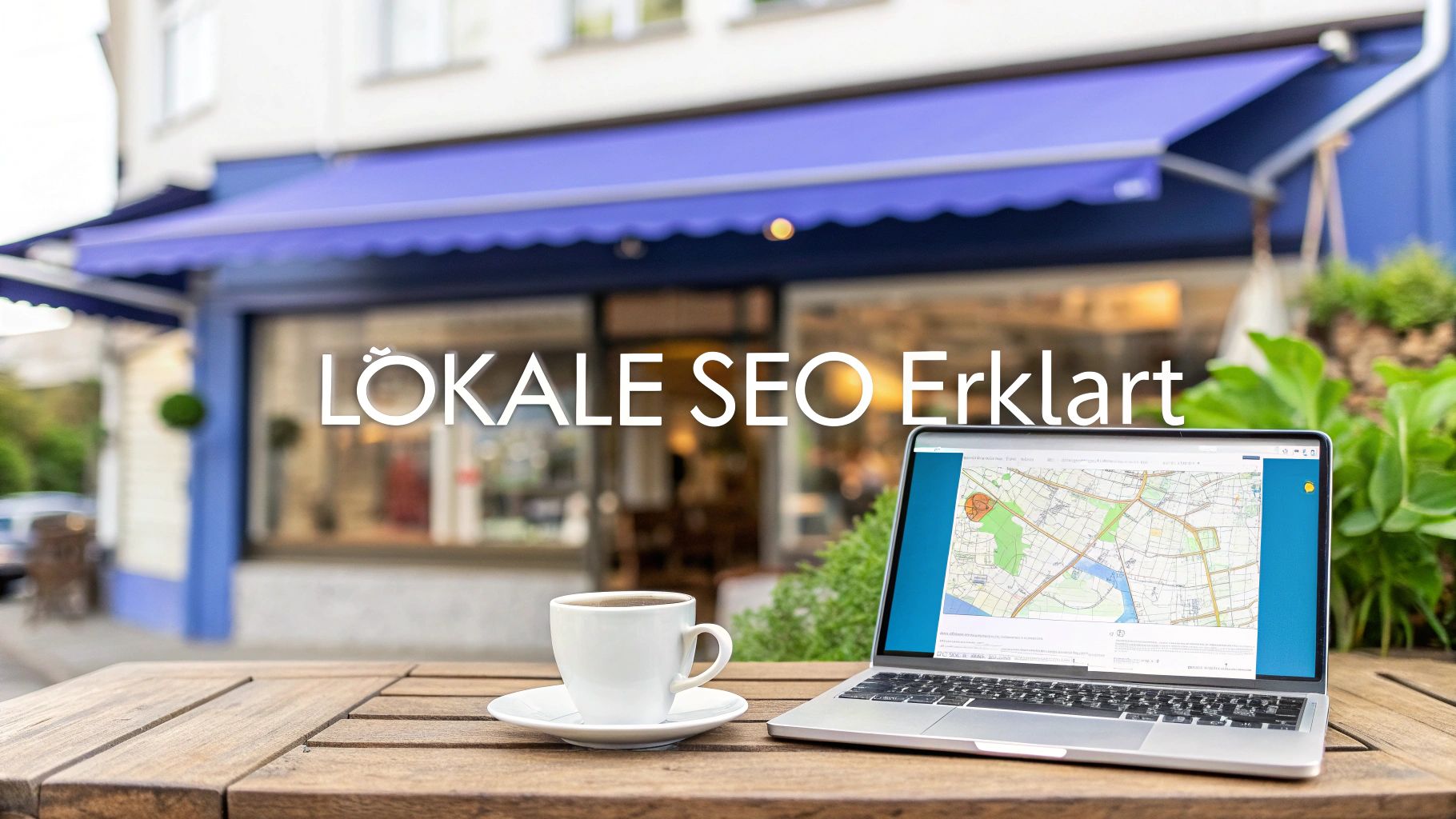 Ein Laptop mit geöffneter Kartenansicht steht auf einem Holztisch neben einer Kaffeetasse vor einem Café. Darüber steht der Text „Lokale SEO erklärt“.