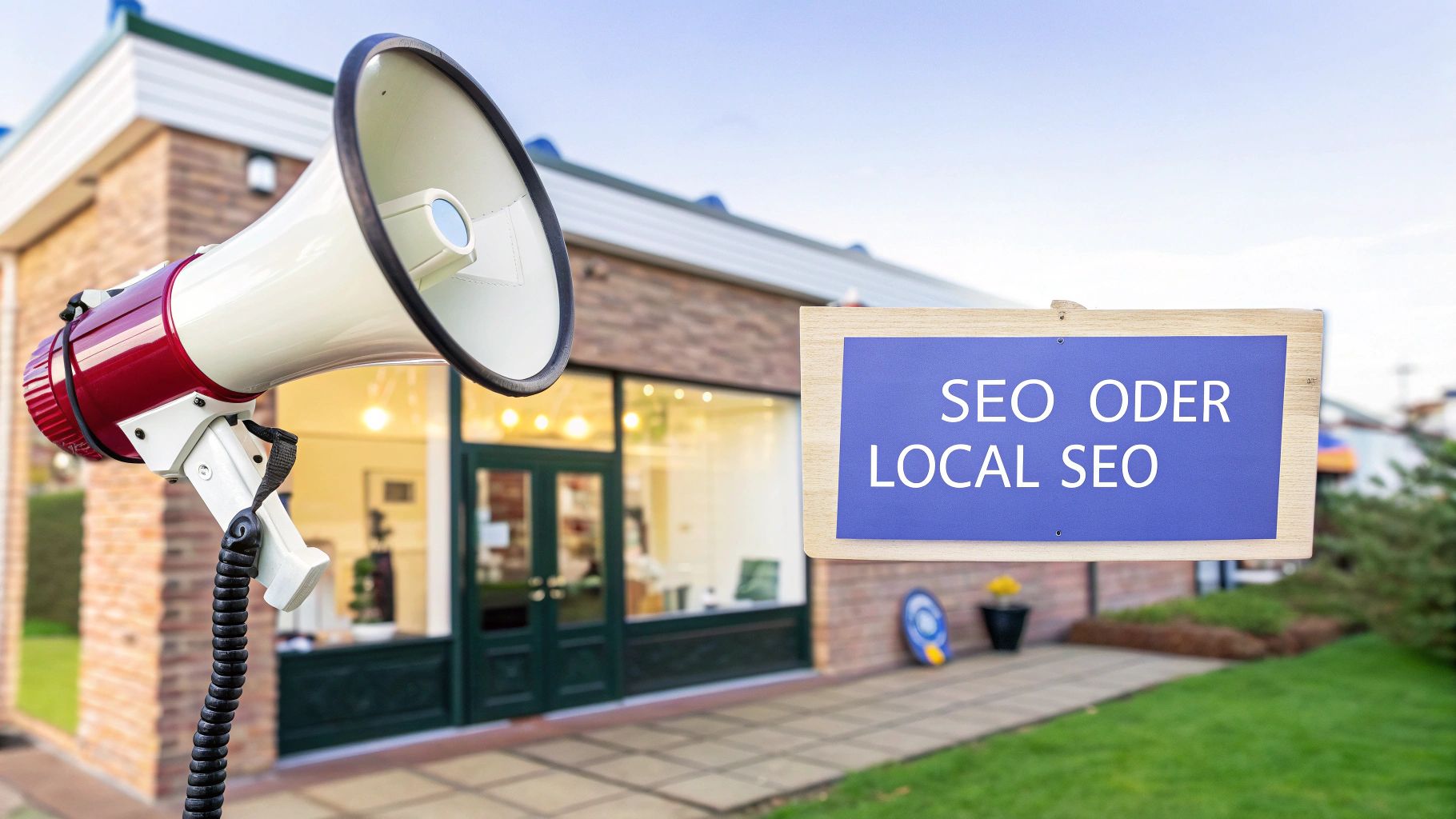 Ein Megaphon und ein Schild mit der Aufschrift 'SEO ODER LOCAL SEO' vor einem Geschäftsgebäude.