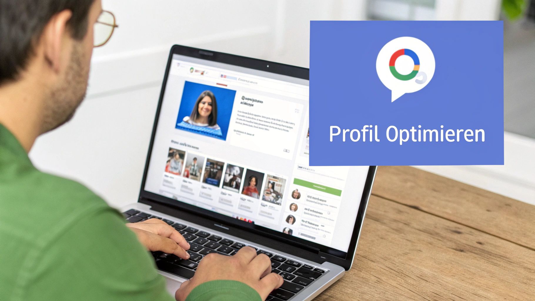 Ein Mann optimiert ein Online-Profil auf seinem Laptop, mit einem Overlay 'Profil Optimieren' und Logo.
