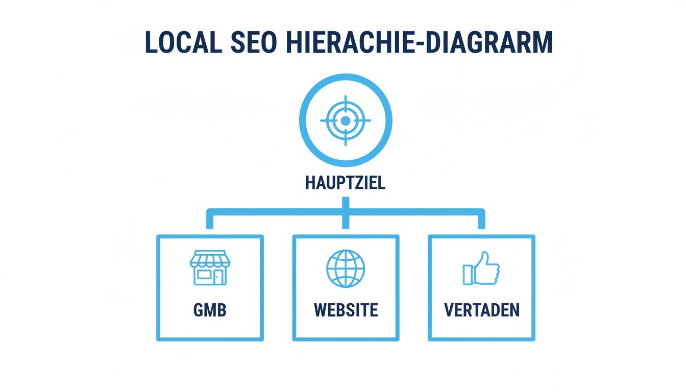 Hierarchiediagramm für lokales SEO, das Hauptziel, Google My Business, Website und Vertrauen darstellt.
