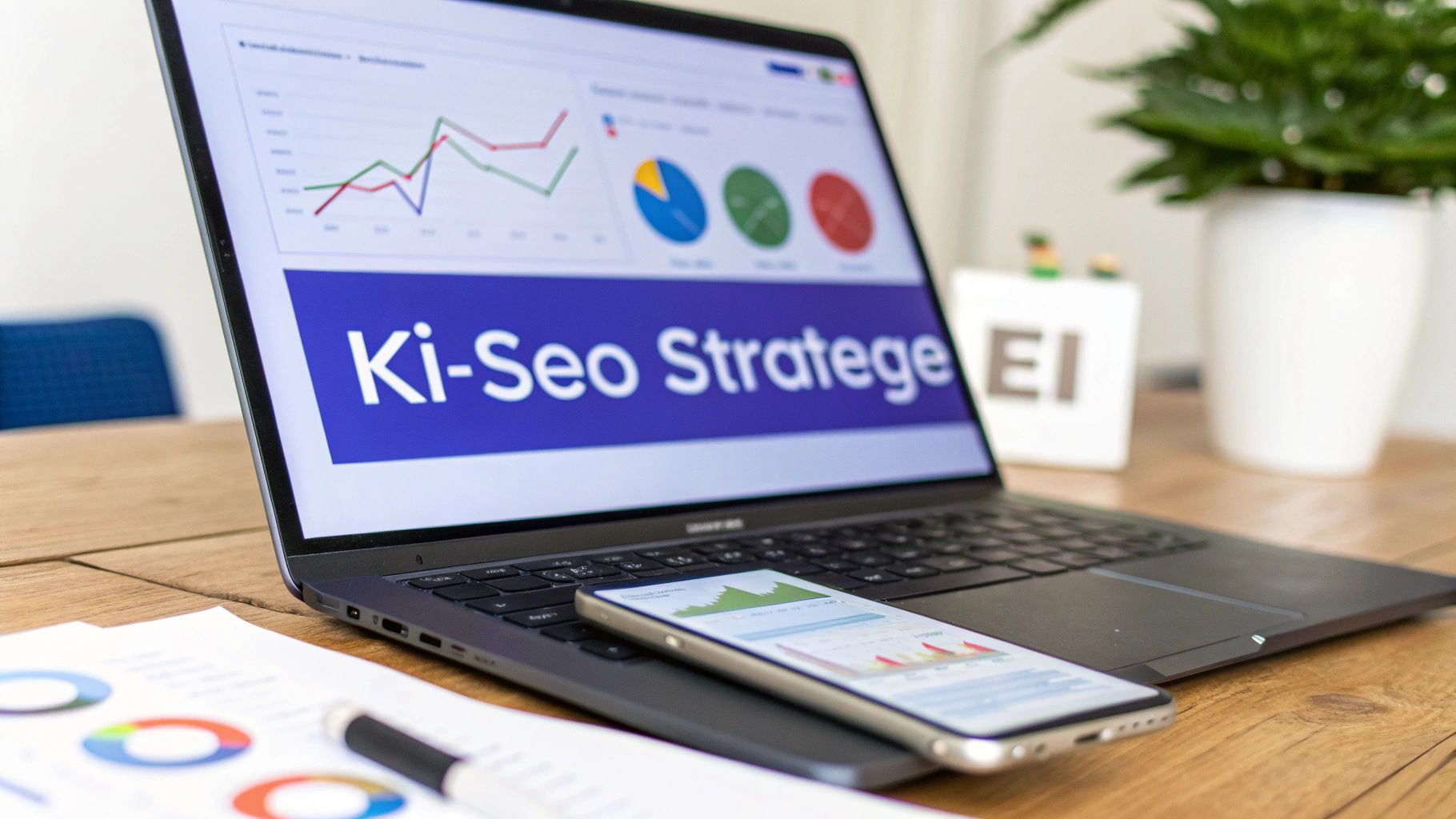 Ein Laptop zeigt Diagramme und den Text „KI-SEO-Strategie“ auf blauem Hintergrund. Auf der Tastatur liegt ein Smartphone, daneben befinden sich ausgedruckte Diagramme und eine Pflanze.