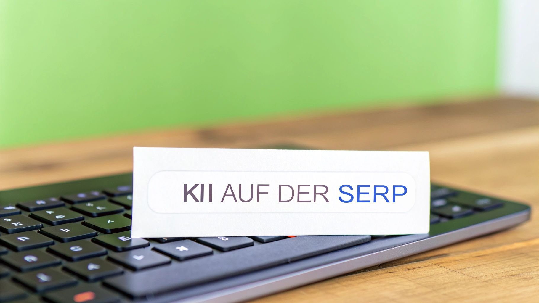 Eine weiße Karte mit der Aufschrift „KII AUF DER SERP“ liegt auf einer schwarzen Tastatur, symbolisierend KI in Suchmaschinenergebnissen.