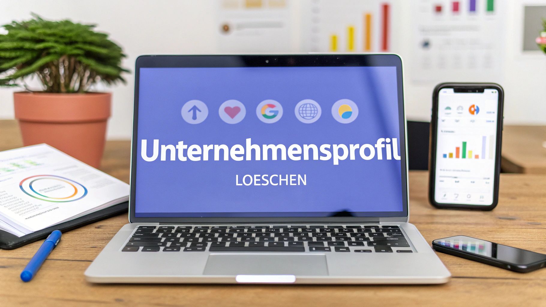 Ein Laptop steht auf einem Schreibtisch und zeigt den Text „Unternehmensprofil löschen“ auf blauem Hintergrund. Daneben liegen ein Smartphone mit Diagrammen, ein weiteres Smartphone, Unterlagen, ein Stift und eine Topfpflanze.