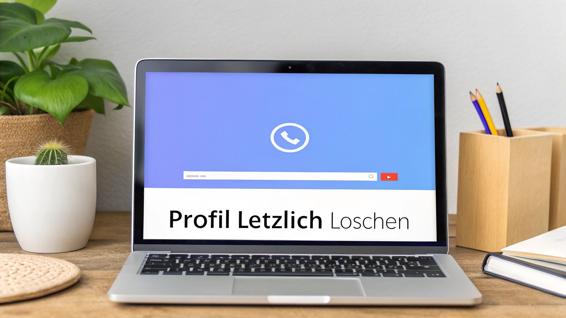 Ein Laptop auf einem Holztisch zeigt den Text 'Profil Letztlich Löschen' und ein Telefon-Symbol.