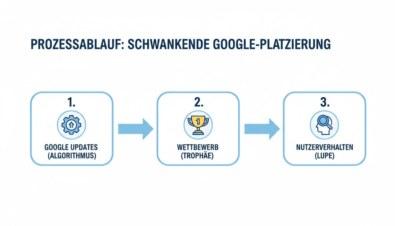 Infografik zum Prozessablauf schwankender Google-Platzierungen, dargestellt in drei Schritten: Google Updates, Wettbewerb und Nutzerverhalten.