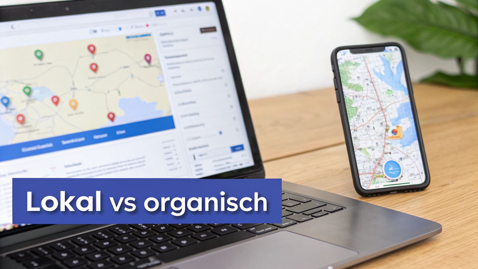 Laptop und Smartphone zeigen Karten mit Standortmarkierungen. Ein Text über lokale vs. organische Suche ist sichtbar.