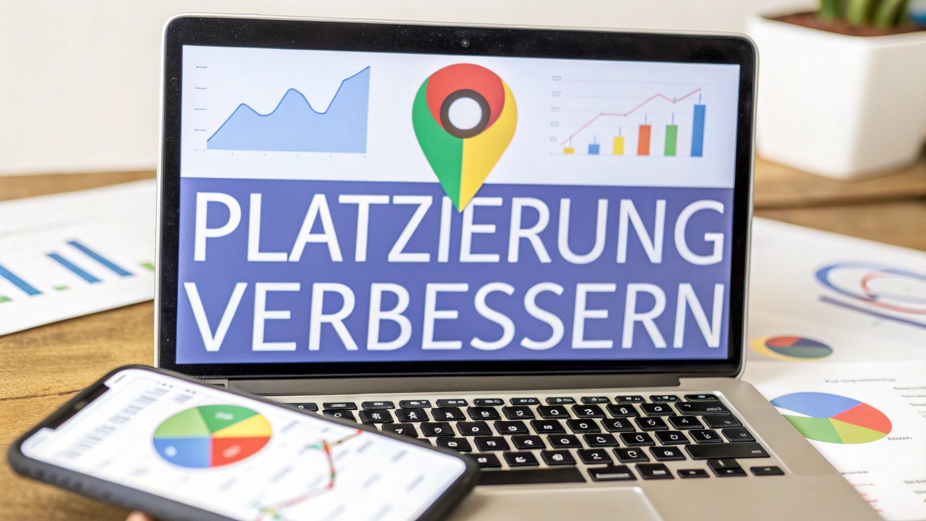Ein Laptop zeigt Diagramme und den Text „Platzierung verbessern“ mit einem Standort-Symbol. Davor liegt ein Smartphone mit Auswertungen, daneben befinden sich gedruckte Diagramme auf dem Tisch.
