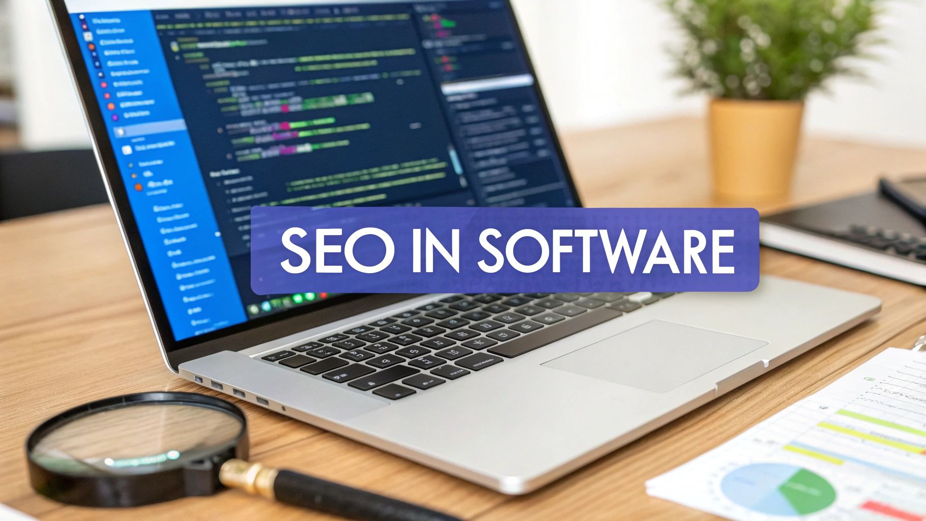 Ein Laptop mit geöffnetem Code-Editor steht auf einem Schreibtisch. Darüber liegt ein blaues Textfeld mit der Aufschrift „SEO in Software“. Daneben befinden sich eine Lupe, Diagramme und eine Topfpflanze.