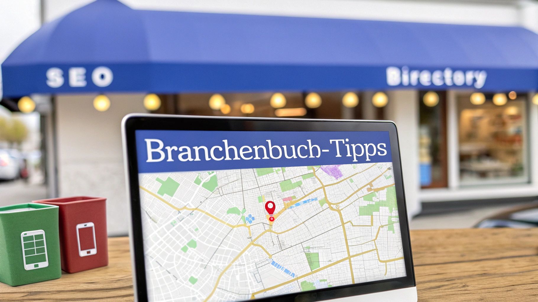 Ein Tablet zeigt eine Stadtkarte mit einem Standort-Pin und der Überschrift „Branchenbuch-Tipps“. Im Hintergrund ist ein Geschäft mit der Aufschrift „SEO Directory“ zu sehen. Auf dem Tisch stehen kleine Behälter und ein Smartphone.