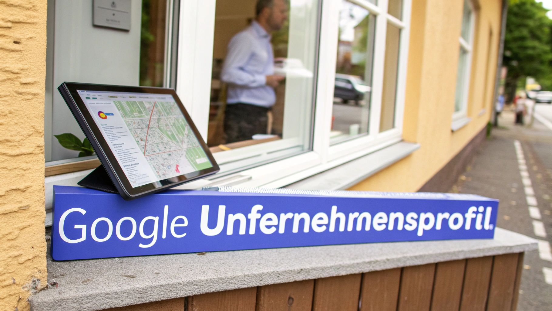 Google Unternehmensprofil Schild und Tablet zeigen Standortkarte für verbesserte Online-Sichtbarkeit von Unternehmen.