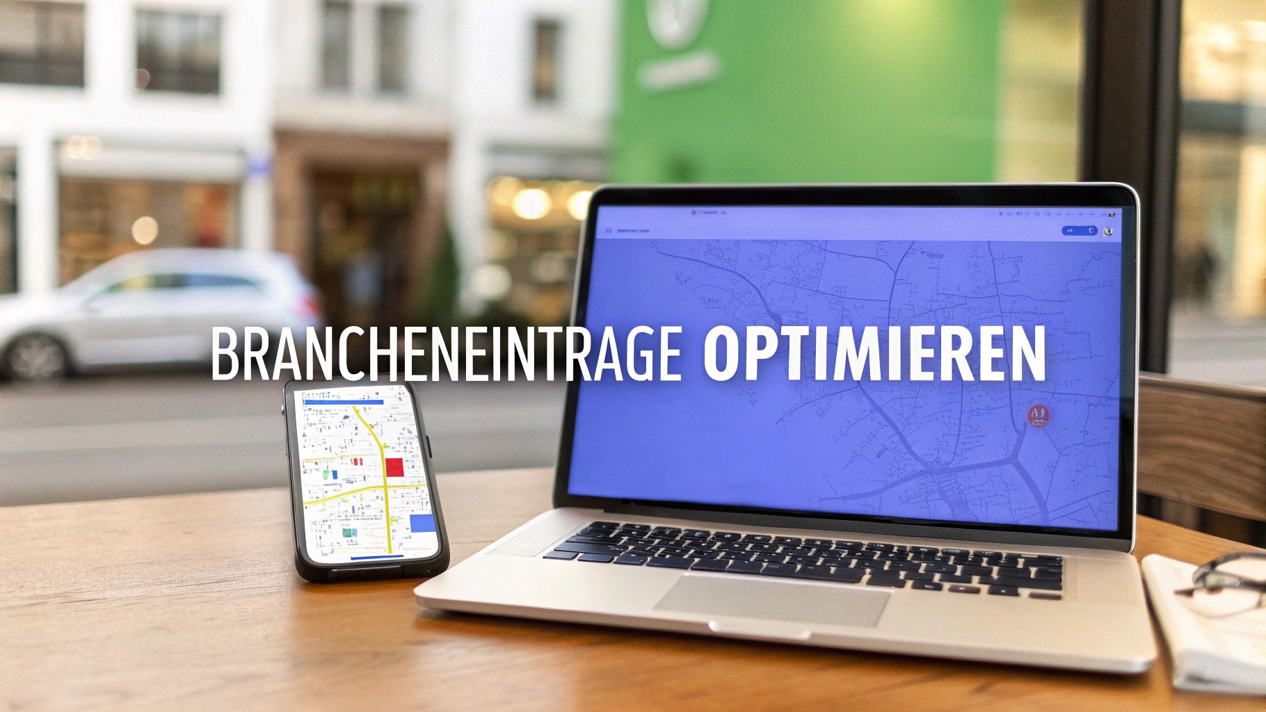 Ein Laptop und ein Smartphone stehen auf einem Tisch und zeigen jeweils eine Karte mit Standort-Pins. Über dem Laptop steht der Text „Brancheneinträge optimieren“. Im Hintergrund ist eine unscharfe Straßenszene zu sehen.