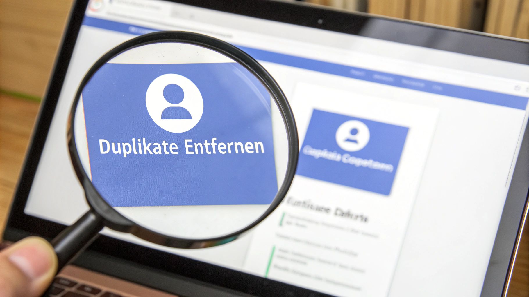 Eine Lupe vergrößert einen Laptop-Bildschirm mit der Aufschrift 'Duplikate Entfernen' und einem Personensymbol, was auf Datenbereinigung hinweist.