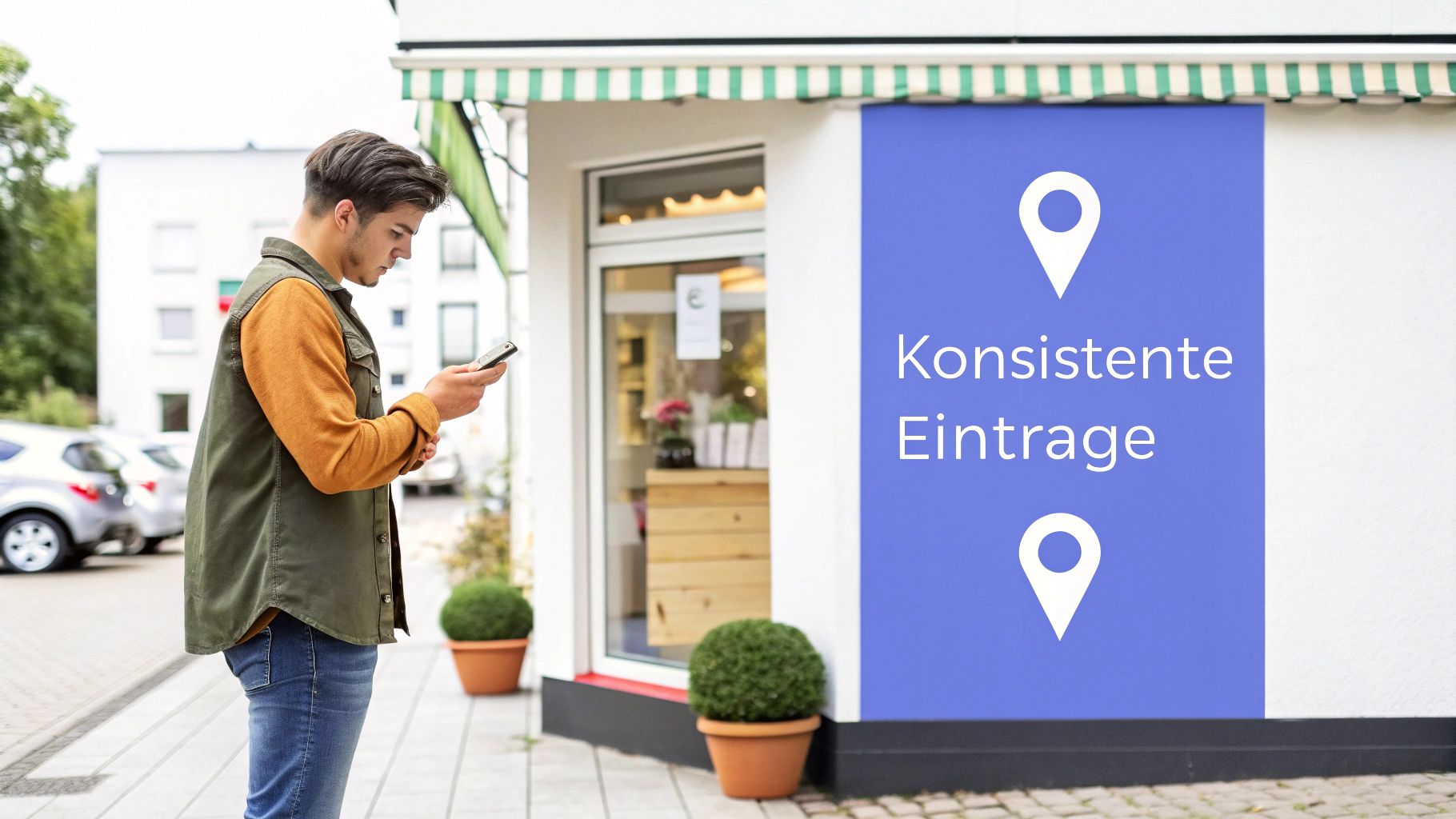Junger Mann prüft sein Smartphone vor einem Geschäft mit einem Schild für konsistente Brancheneinträge.