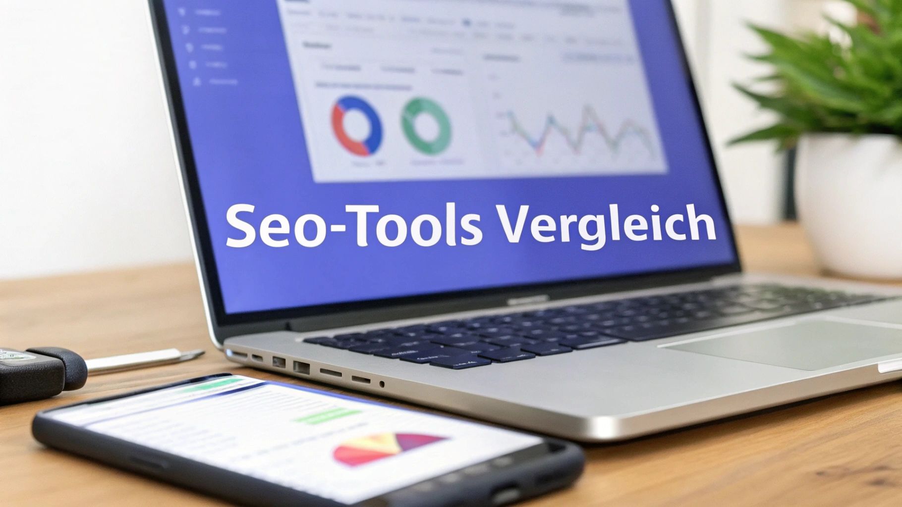 Ein Laptop auf einem Schreibtisch zeigt Diagramme und den Text „SEO-Tools-Vergleich“. Davor liegt ein Smartphone mit Auswertungen. Auf dem Tisch befinden sich außerdem Unterlagen und ein Stift.