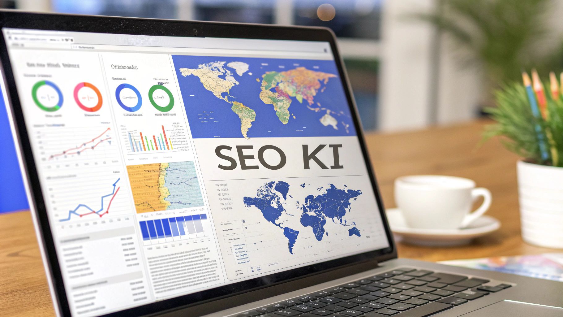 Ein Laptop zeigt ein Dashboard mit Diagrammen, Weltkarten und dem Text „SEO KI“. Daneben stehen eine Kaffeetasse und ein Notizblock auf einem Schreibtisch.