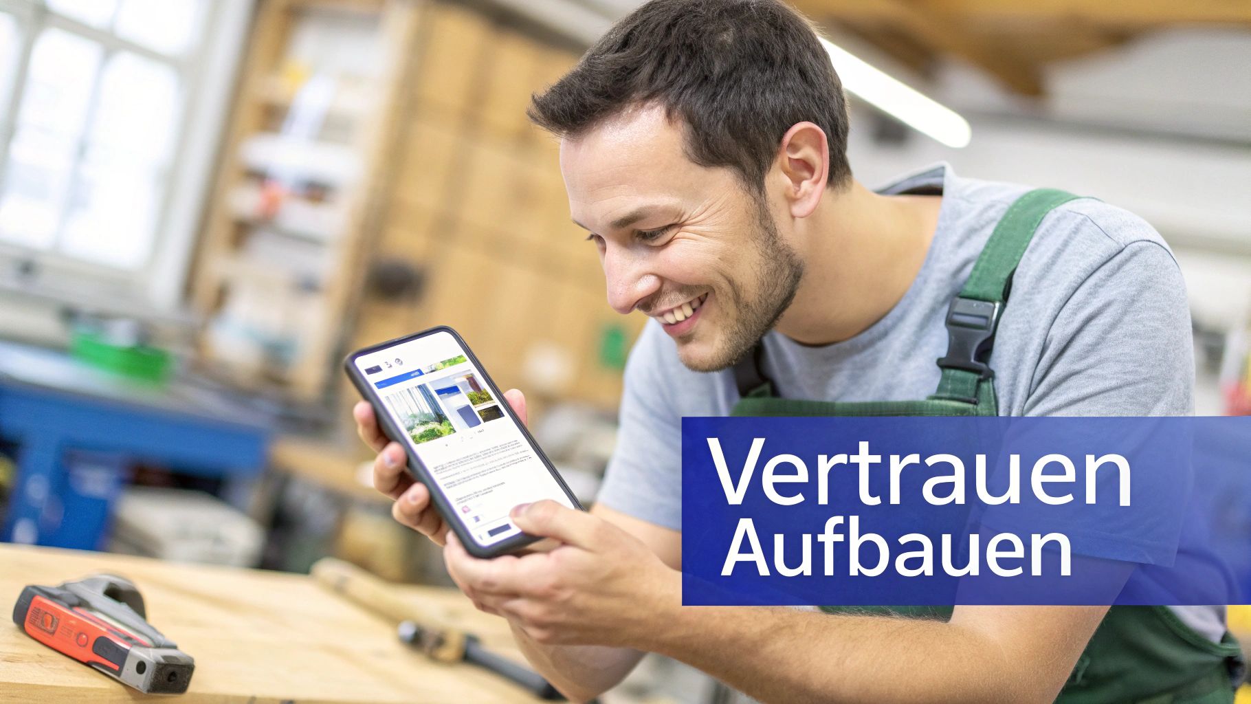 Ein lächelnder Handwerker betrachtet Inhalte auf seinem Smartphone in einer Werkstatt.