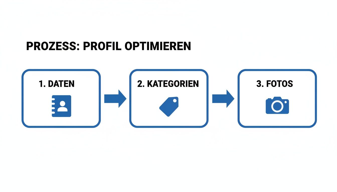 Ein klares Flussdiagramm veranschaulicht den dreistufigen Prozess zur Optimierung eines Profils: Daten, Kategorien und Fotos.