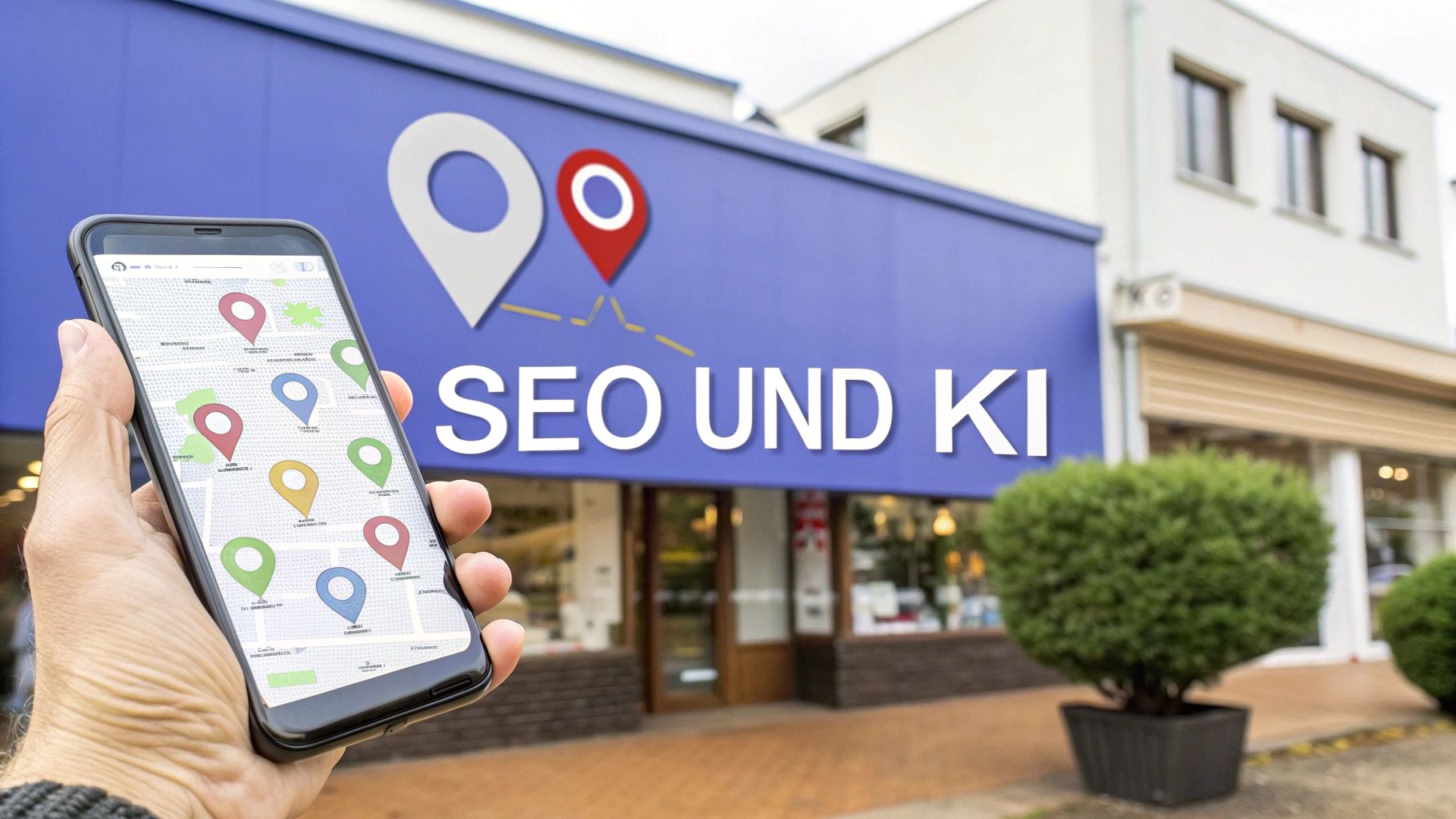 Eine Hand hält ein Smartphone mit einer Kartenansicht und farbigen Standort-Markern. Im Hintergrund ist ein Gebäude mit der Aufschrift ‚SEO und KI‘ zu sehen.