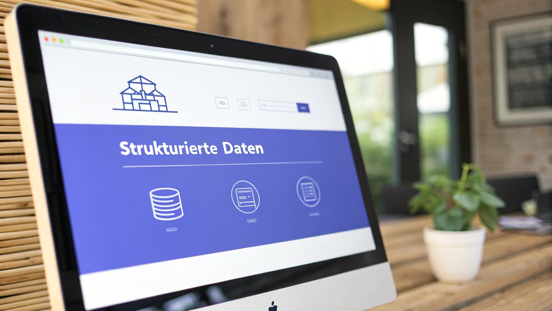 Nahaufnahme eines Computermonitors mit der Webseite 'Strukturierte Daten' und Datensymbolen.