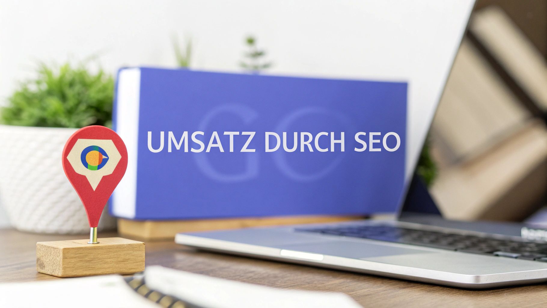 Ein Laptop steht auf einem Schreibtisch. Daneben ein Standort-Pin mit Google-Symbol. Im Hintergrund ein blaues Schild mit der Aufschrift ‚Umsatz durch SEO‘.