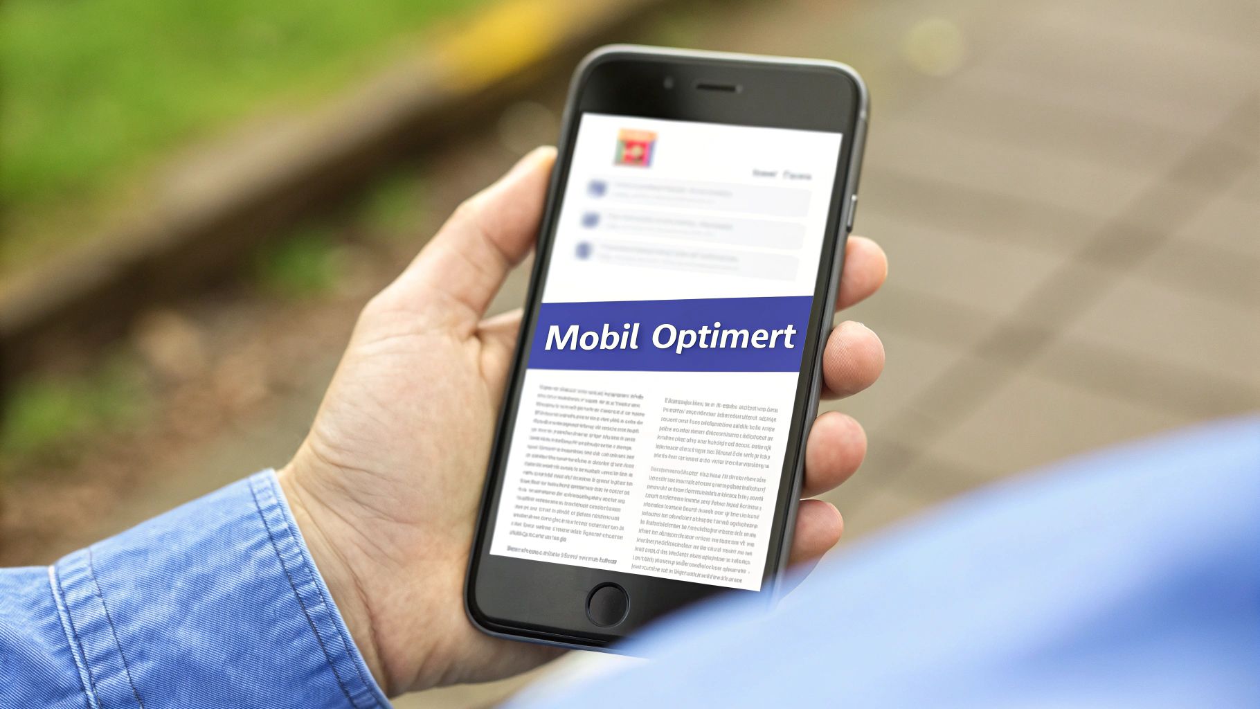 Eine Hand hält ein Smartphone, dessen Bildschirm eine Webseite mit dem Titel „Mobil Optimert“ zeigt, die mobile Optimierung verdeutlicht.