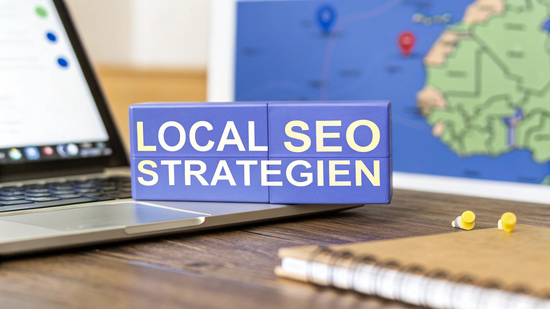 Zwei blaue Blöcke mit der Aufschrift ‚Local SEO Strategien‘ liegen auf einem Schreibtisch neben einem Laptop. Im Hintergrund ist eine Karte zu sehen.