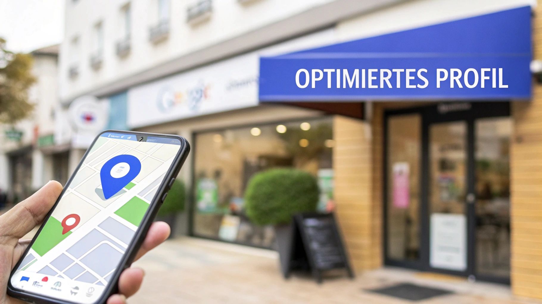 Hand hält Smartphone mit Karte und Standort-Pin vor Geschäft mit der Aufschrift 'OPTIMIERTES PROFIL', symbolisiert lokale SEO.